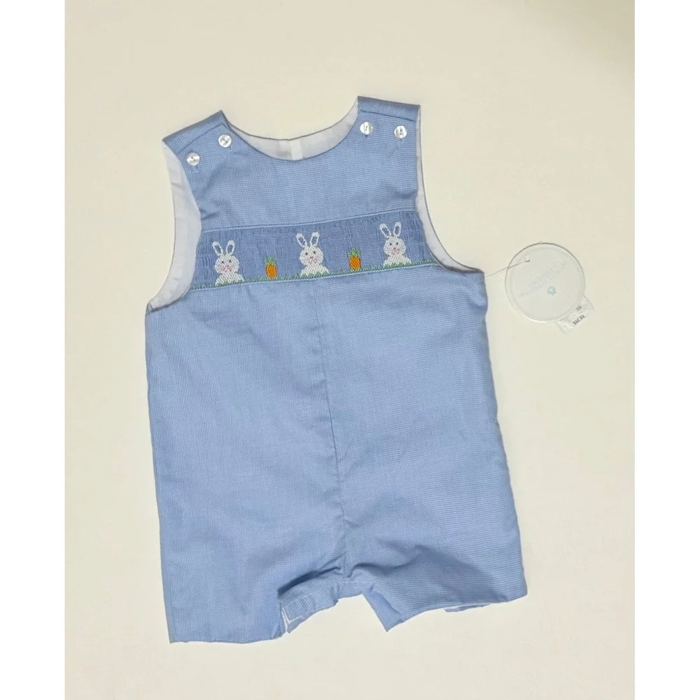 NWT!! EDGEHILL COLLECTION Smocked Bunny Gingham Plaid Romper Blue 12‎ Months